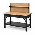 Banco da lavoro industriale 120 × 60 × 150 cm in acciaio nero e legno naturale con pannello portautensili, 2 cassetti e 2 ripiani