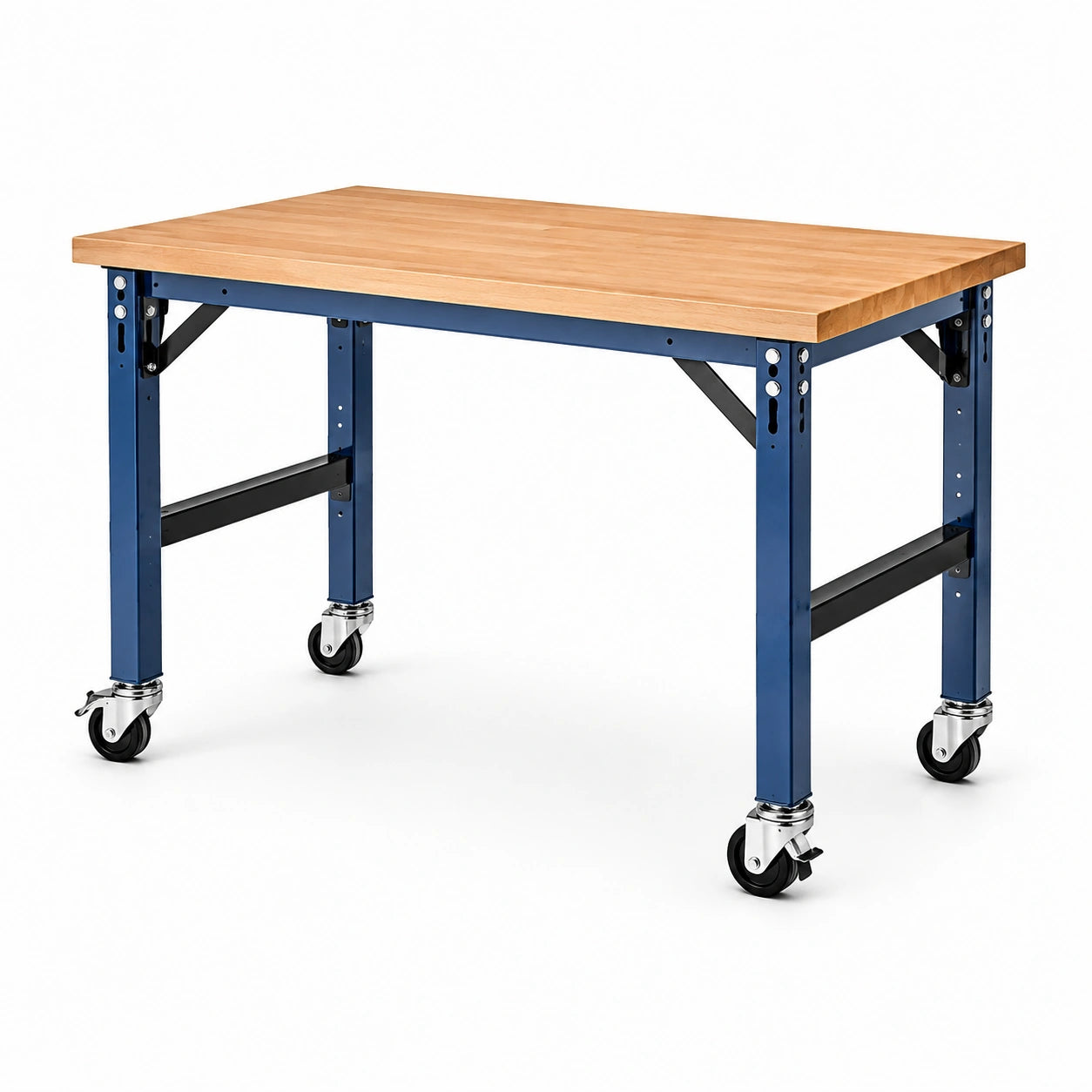 Banco da lavoro mobile 120 × 60 × 90 cm in legno naturale e acciaio blu con ruote frenanti