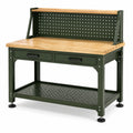 Banco da lavoro 120 × 60 × 155 cm in acciaio verde scuro e legno naturale con 2 cassetti, pannello portautensili e 2 ripiani