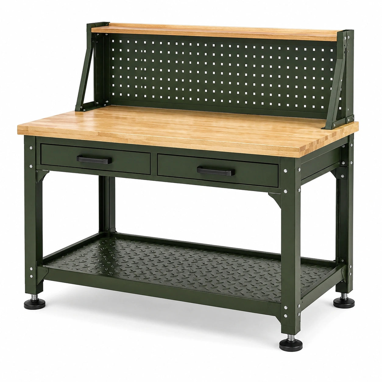 Banco da lavoro 120 × 60 × 155 cm in acciaio verde scuro e legno naturale con 2 cassetti, pannello portautensili e 2 ripiani