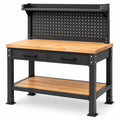 Banco da lavoro 120 × 60 × 150 cm in acciaio nero e legno naturale con 2 cassetti, pannello portautensili e 2 ripiani