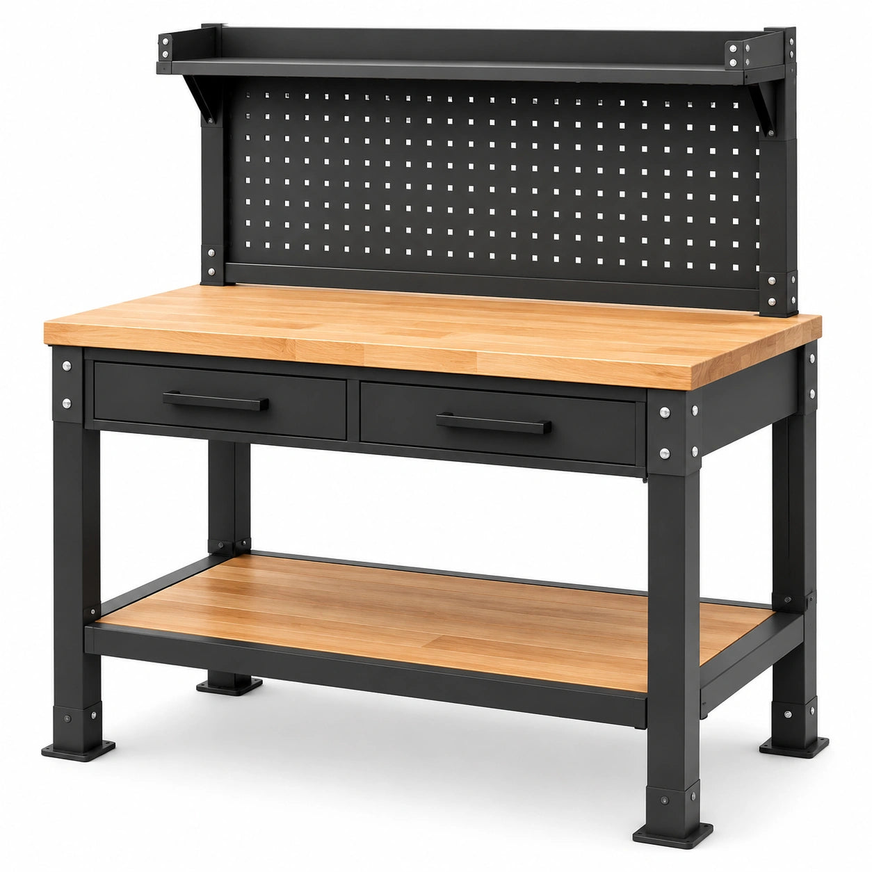 Banco da lavoro 120 × 60 × 150 cm in acciaio nero e legno naturale con 2 cassetti, pannello portautensili e 2 ripiani