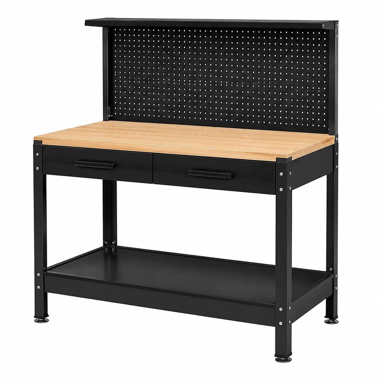 Banco da lavoro in acciaio nero e legno naturale 120 × 60 × 150 cm con pannello portautensili, 2 cassetti e ripiano
