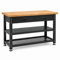 Banco da lavoro in acciaio nero e legno naturale, 120 x 60 x 85 cm, con 2 cassetti e 2 ripiani