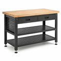 Banco da lavoro in acciaio nero e legno naturale, 120 × 60 × 90 cm, con 2 cassetti e 2 ripiani