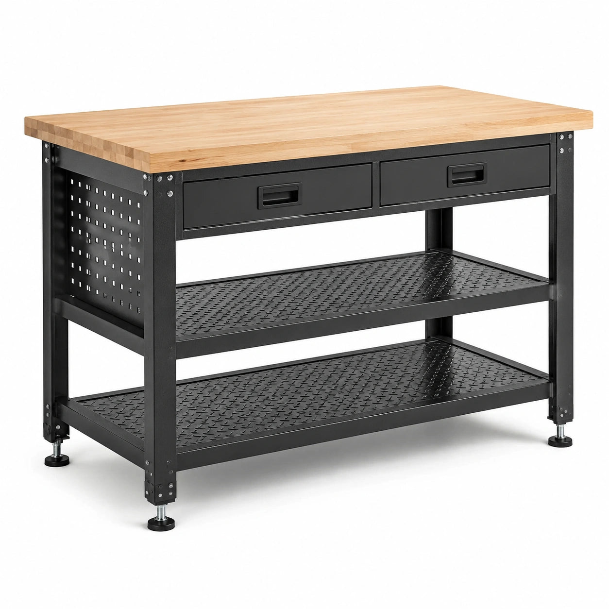 Banco da lavoro in acciaio nero e legno naturale, 120 × 60 × 90 cm, con 2 cassetti e 2 ripiani