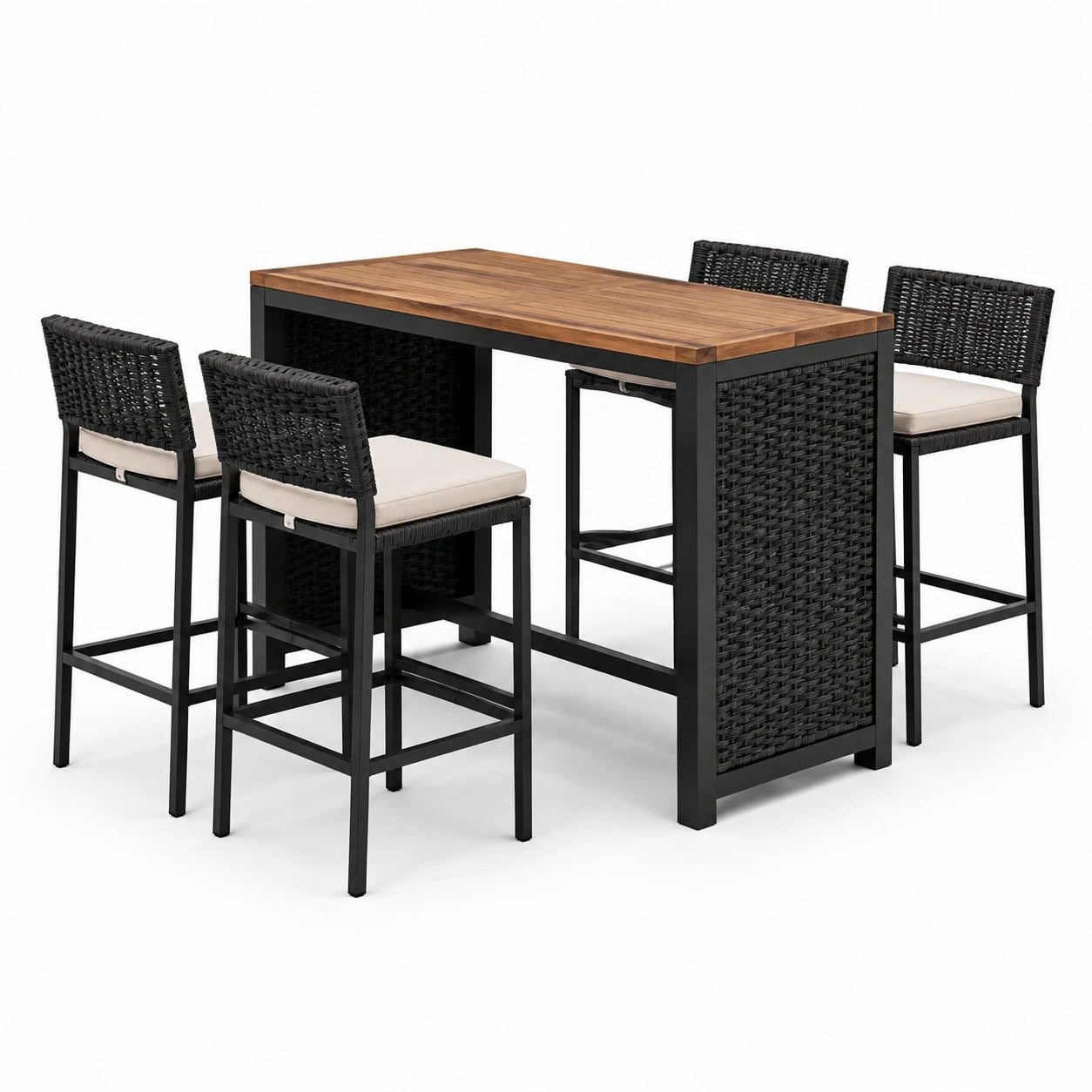 Set da pranzo da esterno a 5 pezzi con tavolo alto 120 × 60 × 91 cm e 4 sgabelli 46 × 50 × 103 cm, nero, marrone e crema