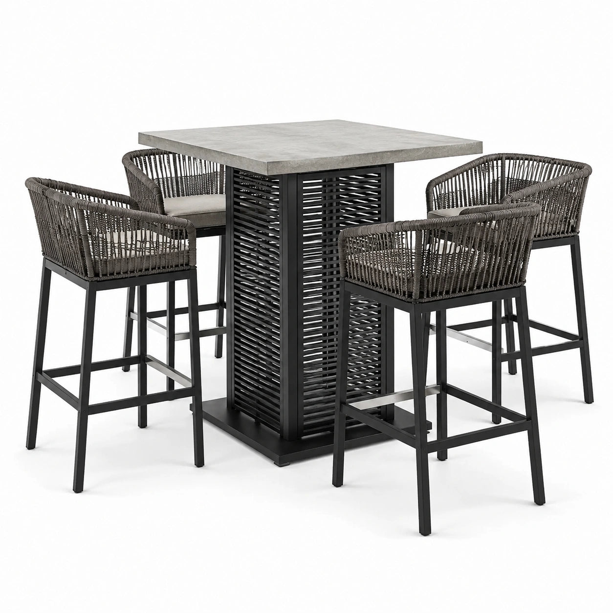 Set da bar da giardino a 5 pezzi grigio, nero e beige con tavolo 90 × 90 × 105 cm e 4 sgabelli 56 × 58 × 98 cm