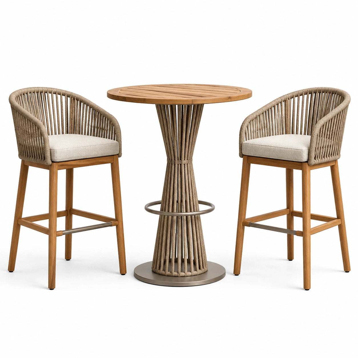 Set da bar per esterni con tavolo rotondo Ø 90 × H 105 cm e 2 sgabelli 56 × 58 × 108 cm, marrone, beige e tortora