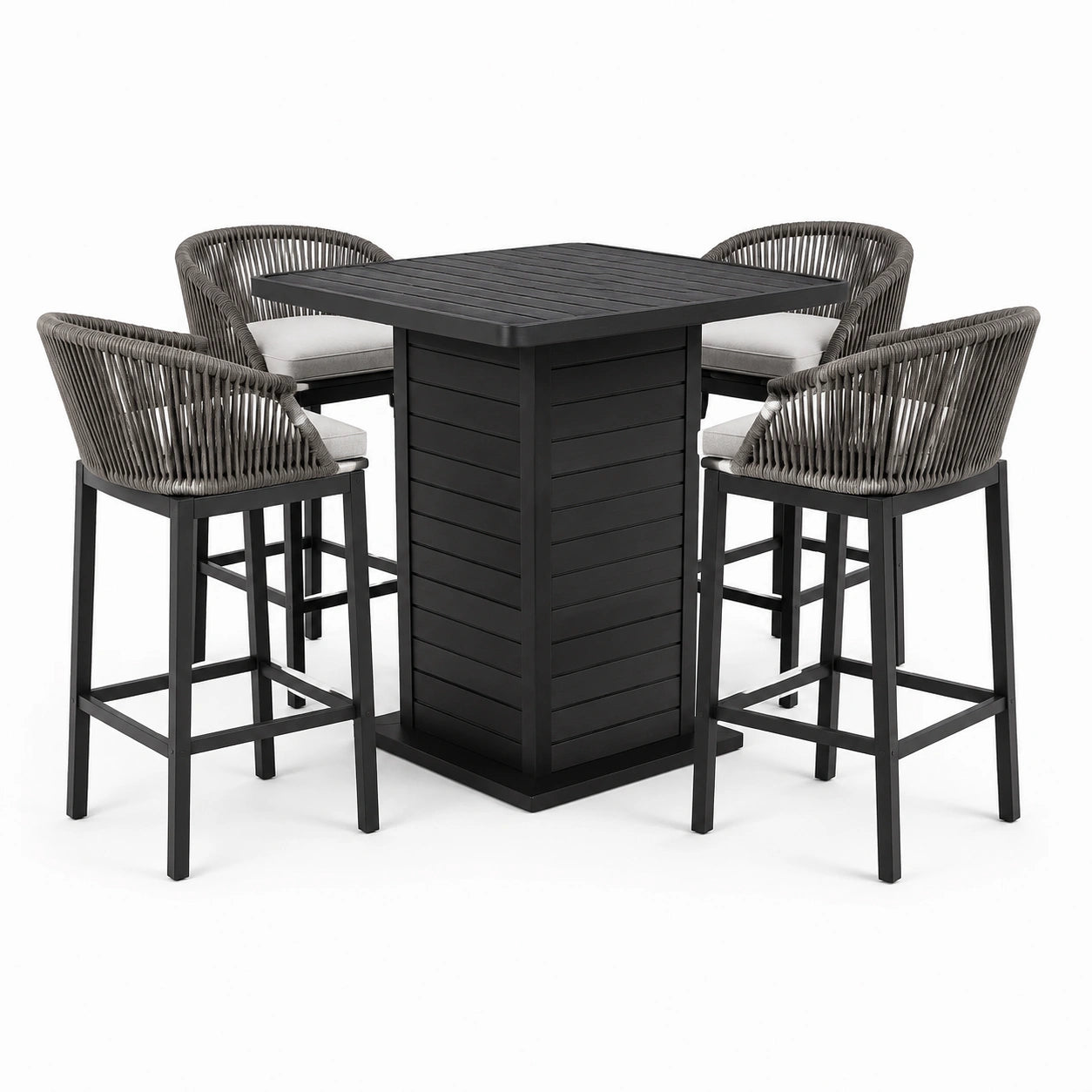 Set da pranzo rialzato da giardino 5 pezzi con tavolo 100 × 100 × 105 cm e 4 sgabelli 56 × 58 × 102 cm, nero, grigio e tortora chiaro