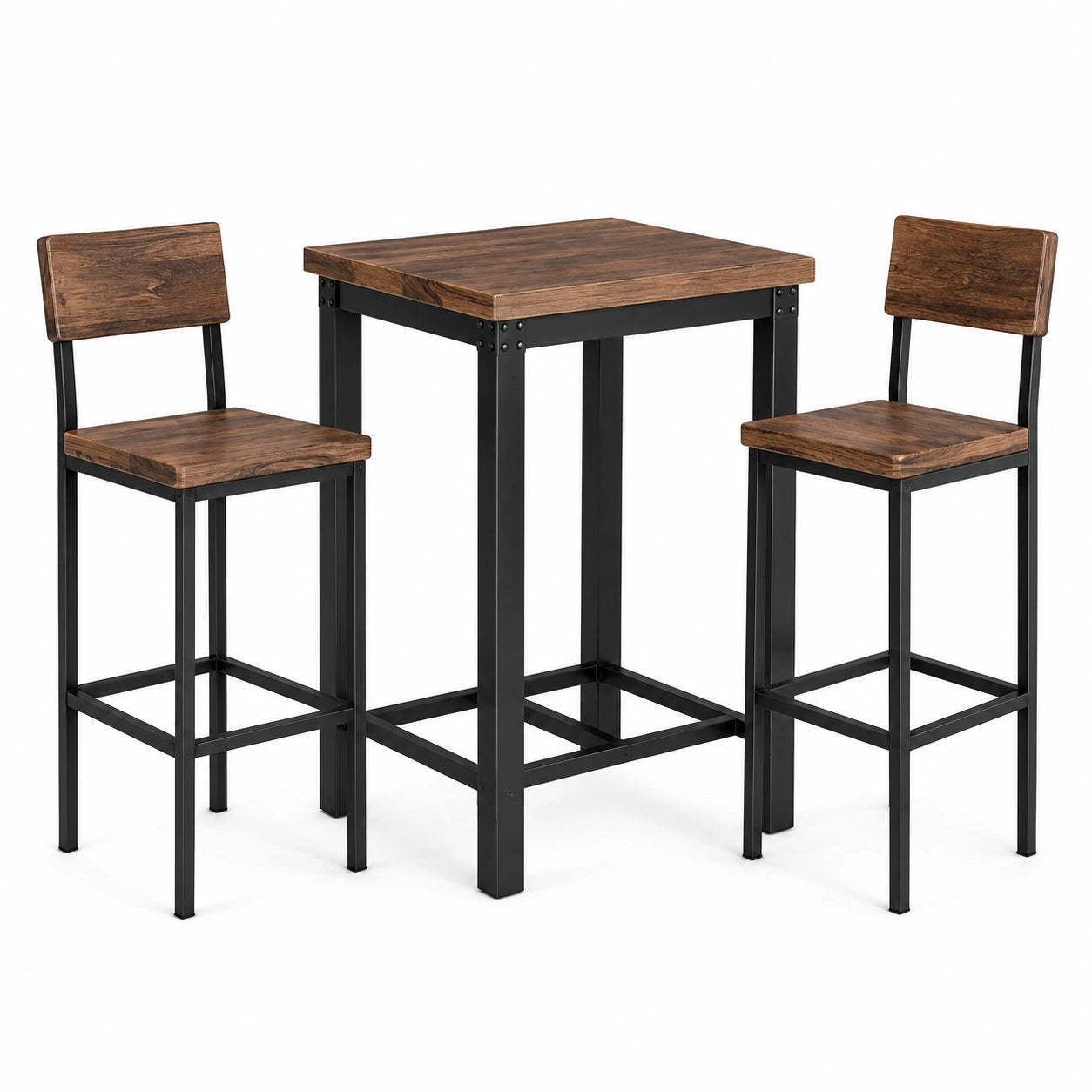 Set da pranzo con tavolo alto 60 × 60 × 90 cm e 2 sgabelli 40 × 45 × 100 cm, marrone e nero