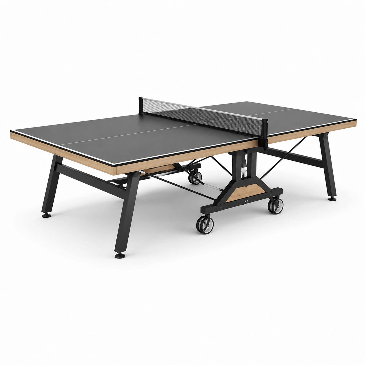 Tavolo da ping pong pieghevole nero e marrone 274 × 152,5 × 76 cm con rete e ruote