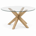 Tavolo rotondo con piano in vetro trasparente e base in legno naturale, Ø 120 × H 75 cm, stile moderno