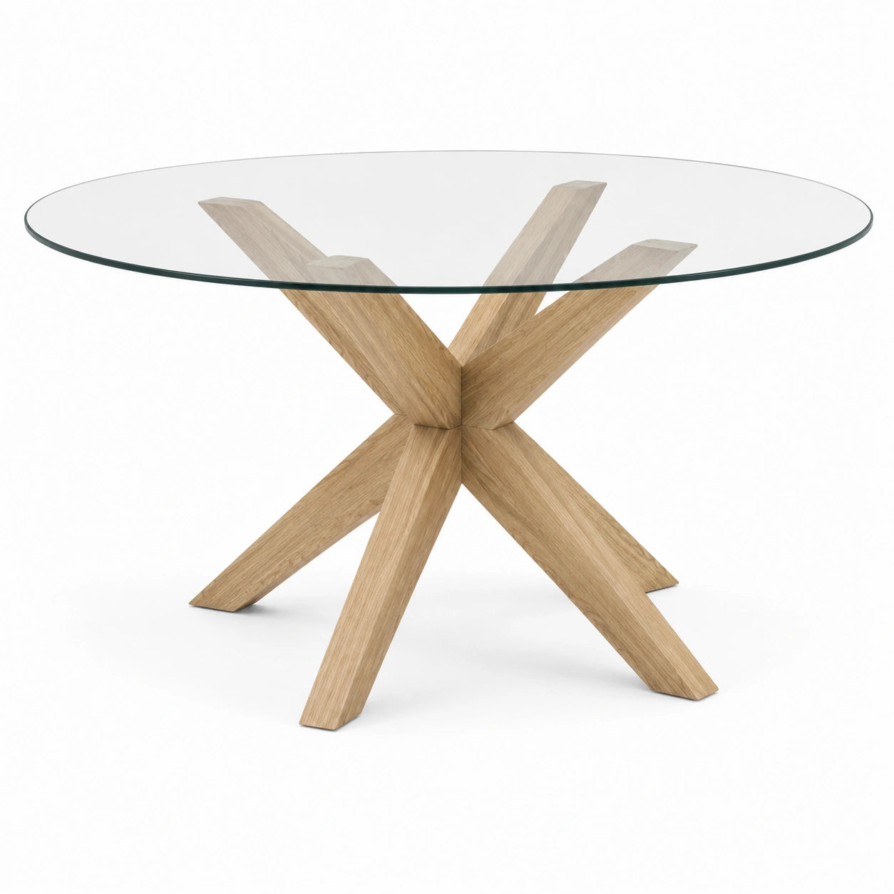 Tavolo rotondo con piano in vetro trasparente e base in legno naturale, Ø 120 × H 75 cm, stile moderno