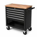 Carrello portautensili in acciaio nero con piano in legno, 6 cassetti, vano aperto e ruote, 76 × 46 × 88 cm