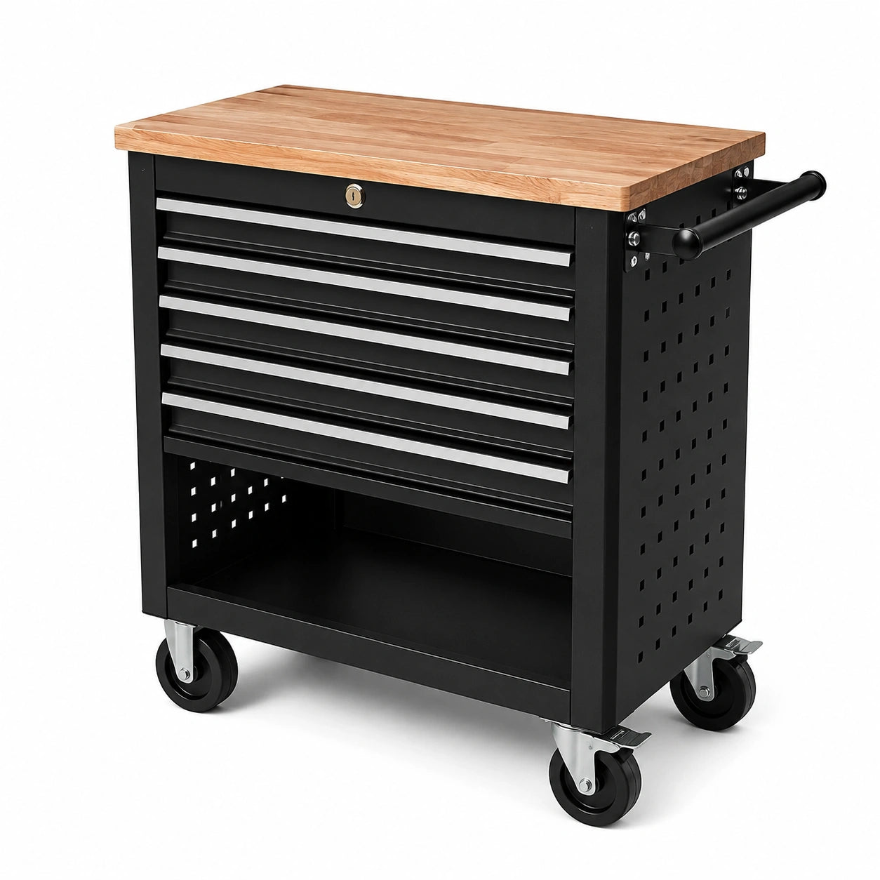Carrello portautensili in acciaio nero con piano in legno, 6 cassetti, vano aperto e ruote, 76 × 46 × 88 cm