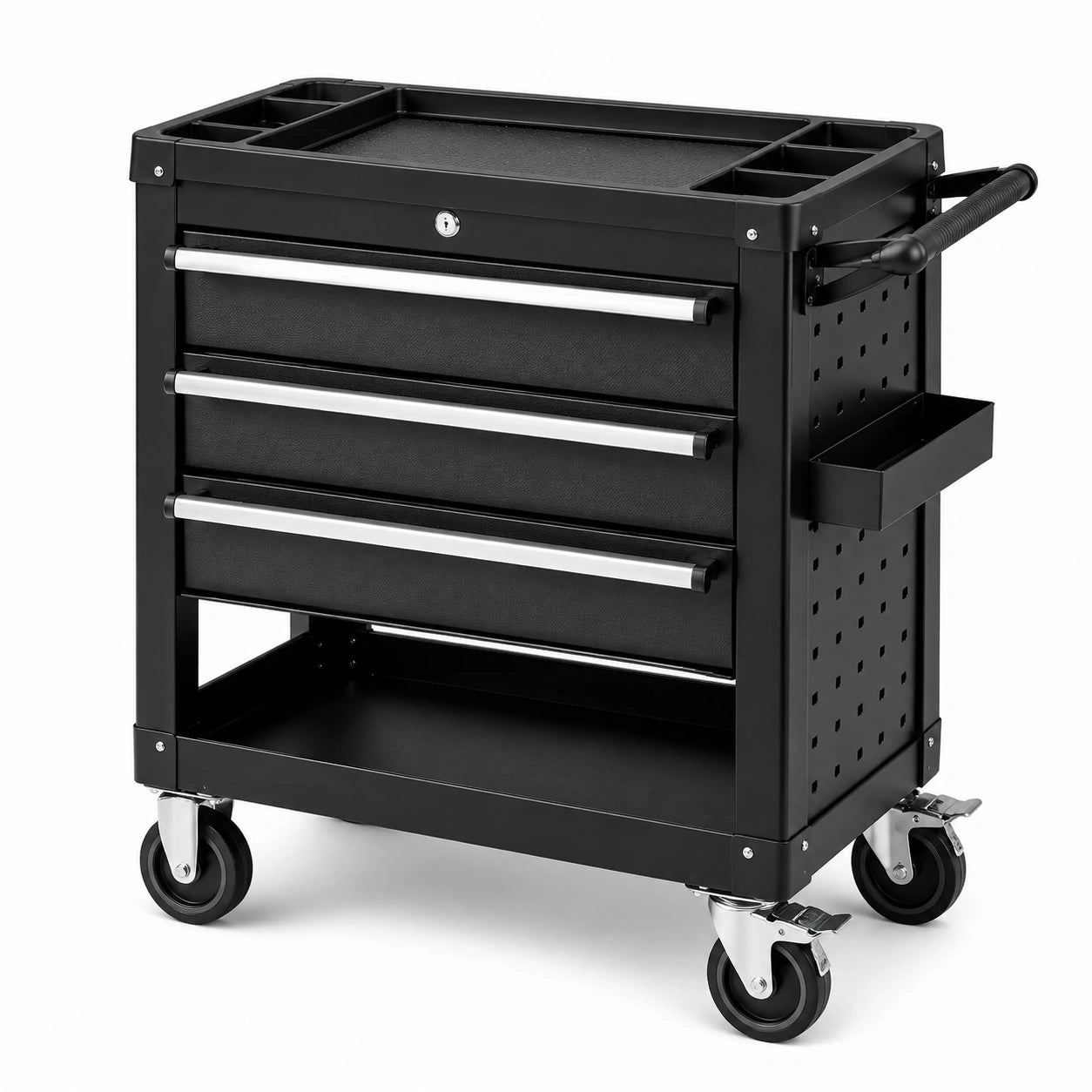 Carrello portautensili nero e argento 75 × 45 × 90 cm con 3 cassetti, ripiano e ruote frenanti