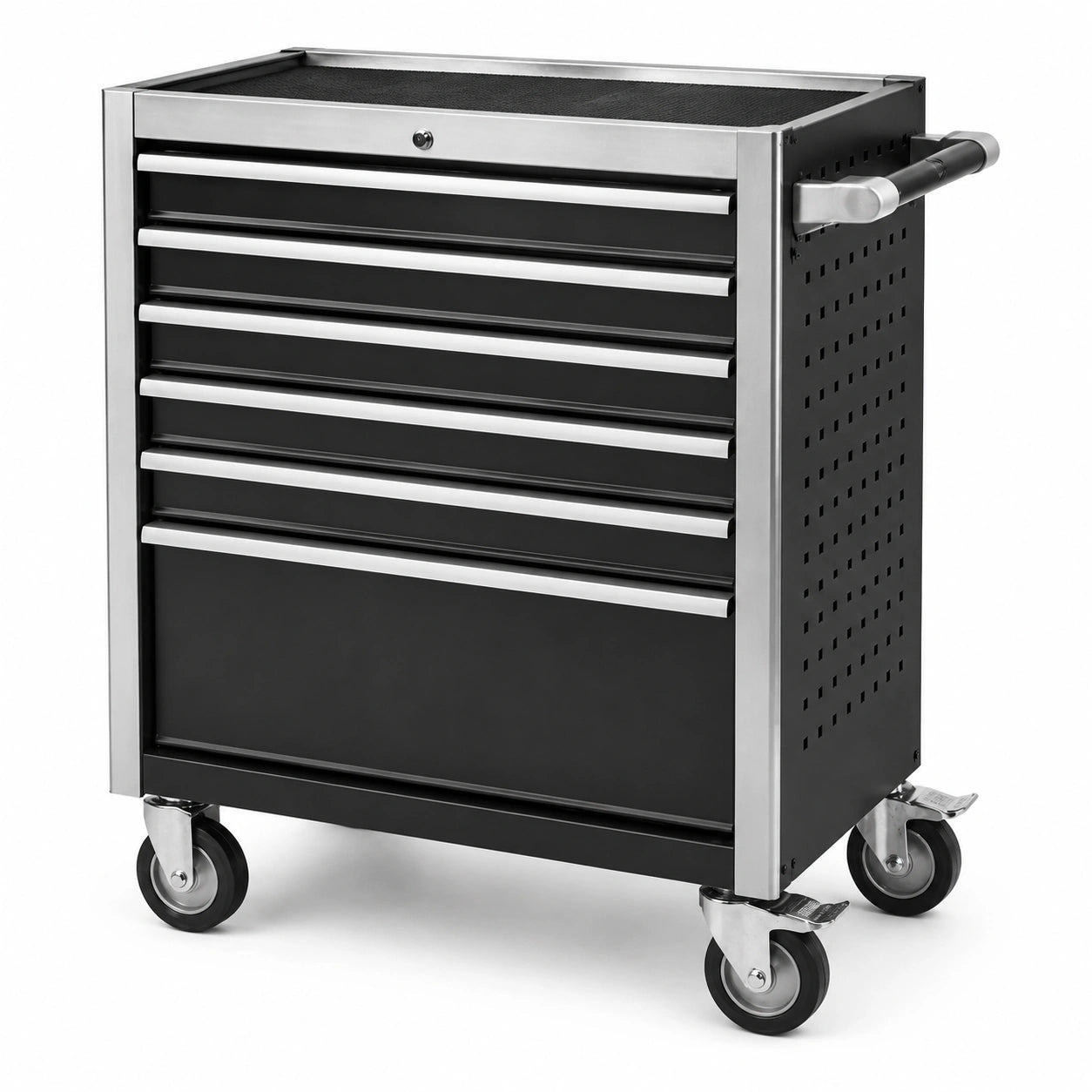Carrello portautensili nero e argento con 7 cassetti, piano antiscivolo e ruote, 77 × 47 × 97 cm