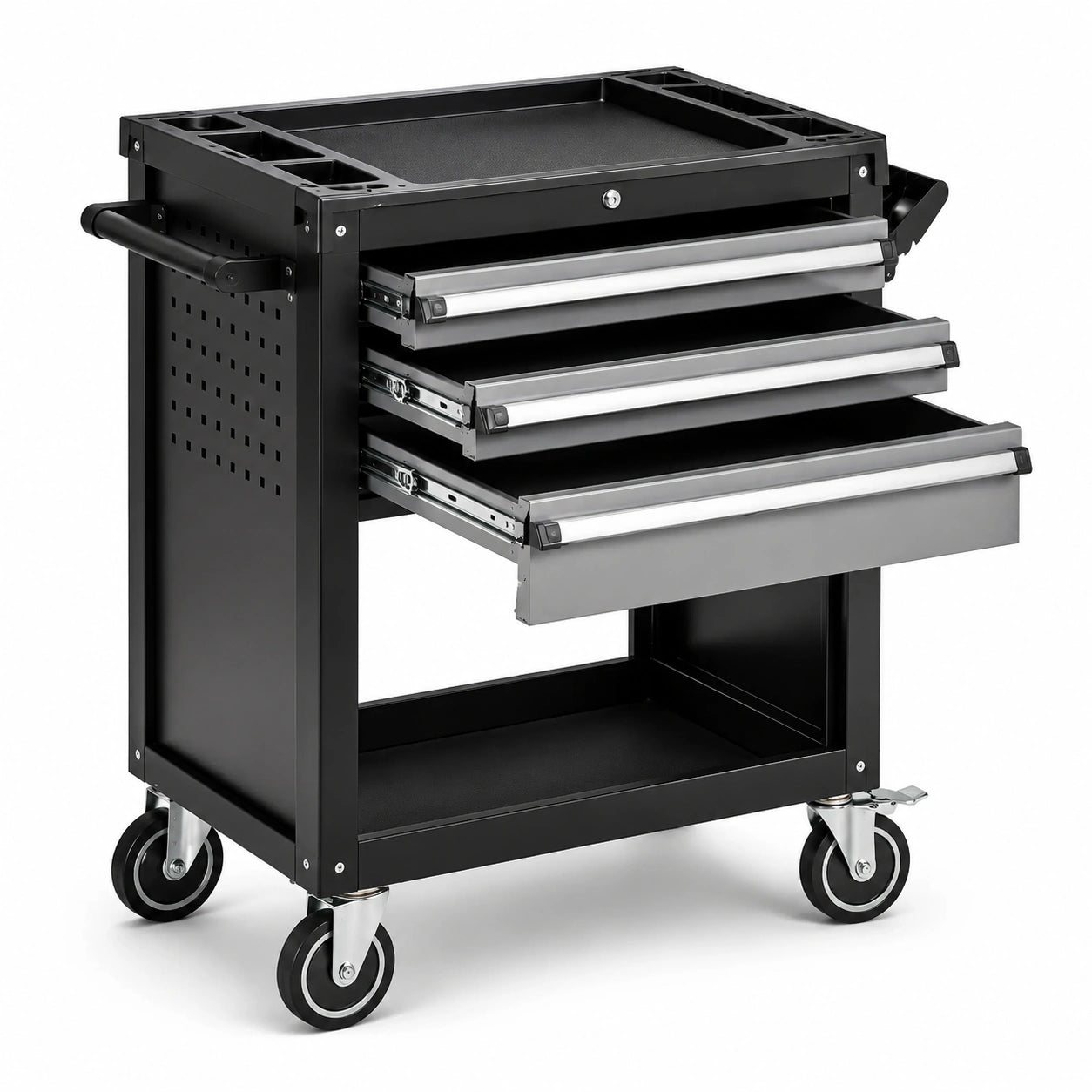 Carrello portautensili in acciaio nero e argento 77 × 48 × 91 cm con 3 cassetti, 2 ripiani e 4 ruote