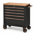 Carrello portautensili in acciaio nero con 5 cassetti, piano in legno e ruote, 77 × 46 × 88 cm