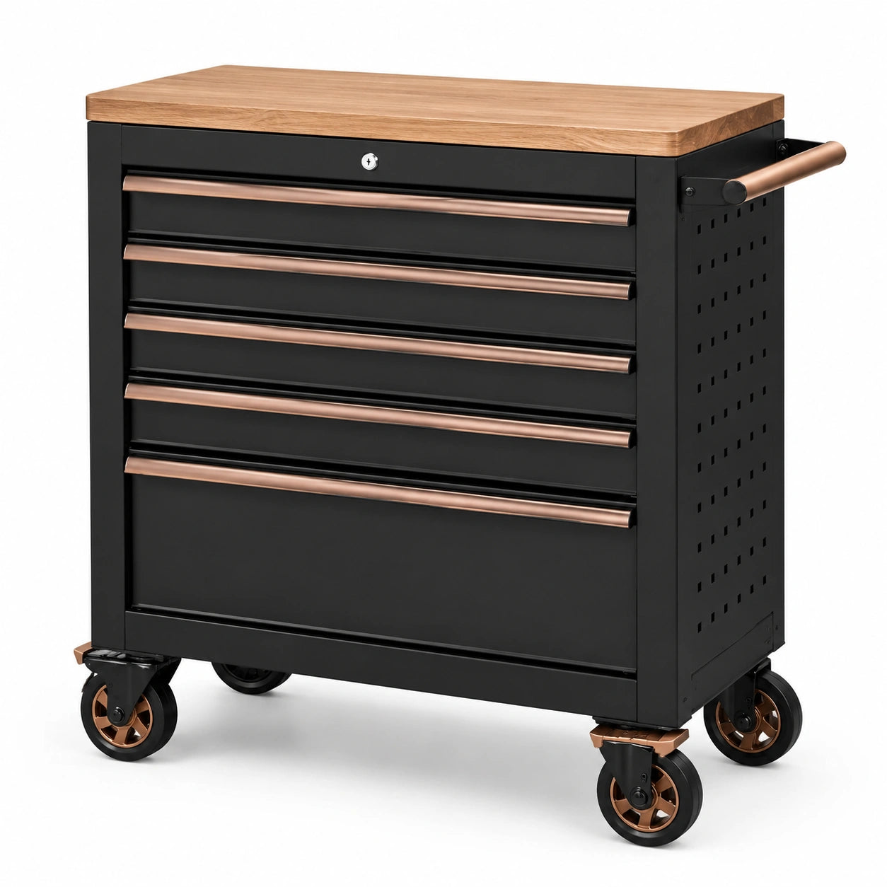 Carrello portautensili in acciaio nero con 5 cassetti, piano in legno e ruote, 77 × 46 × 88 cm