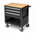 Carrello portautensili nero in acciaio con piano in legno naturale, 3 cassetti, ripiano e ruote, 75 × 50 × 90 cm