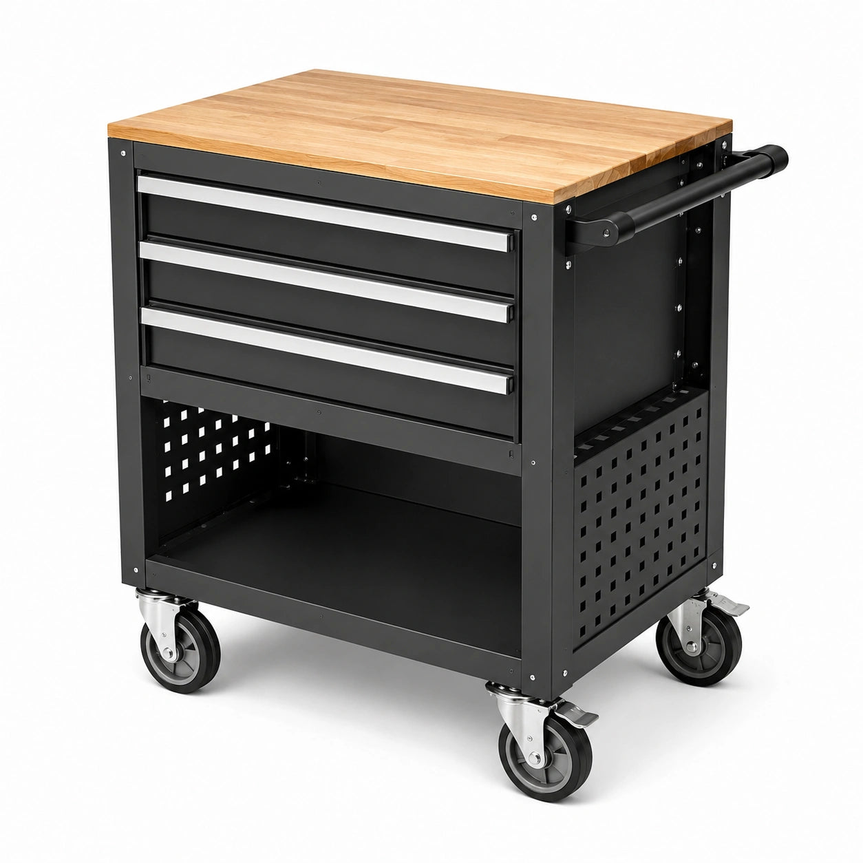 Carrello portautensili nero in acciaio con piano in legno naturale, 3 cassetti, ripiano e ruote, 75 × 50 × 90 cm