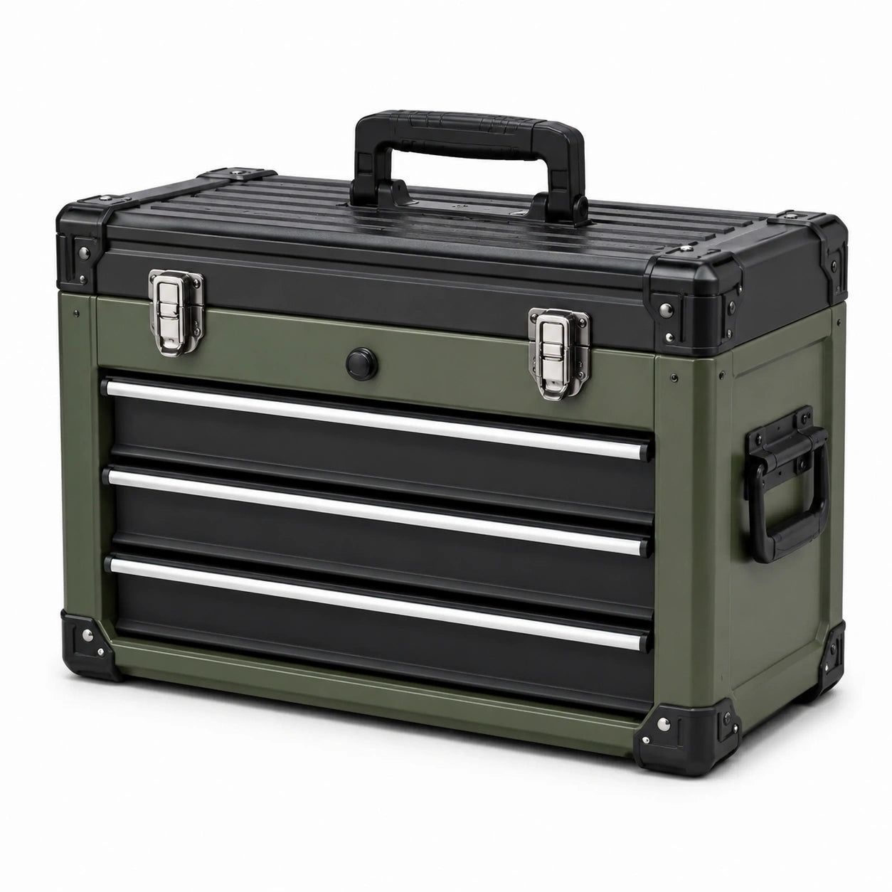 Cassetta portautensili in metallo verde oliva, nero e argento, 51 × 25 × 39 cm, con 3 cassetti, vano superiore e maniglie