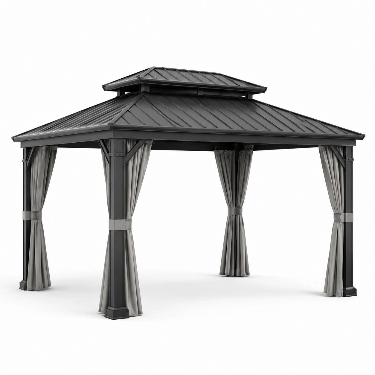 Gazebo da giardino 300 × 400 × 280 cm antracite con tetto rigido e tende grigie
