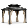 Gazebo da giardino in metallo antracite con tende beige e tetto rigido ventilato, 360 × 300 × 290 cm