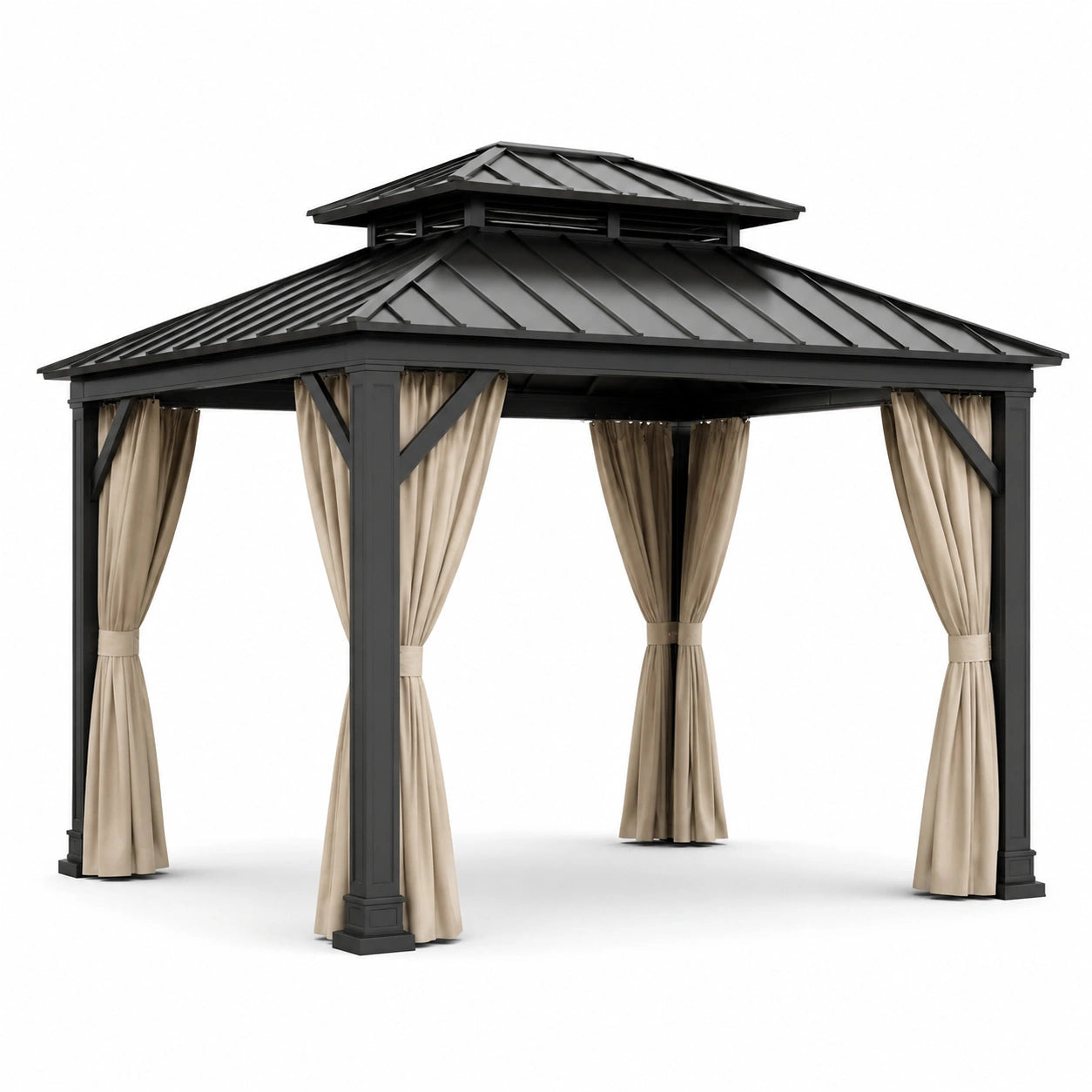 Gazebo da giardino in metallo antracite con tende beige e tetto rigido ventilato, 360 × 300 × 290 cm