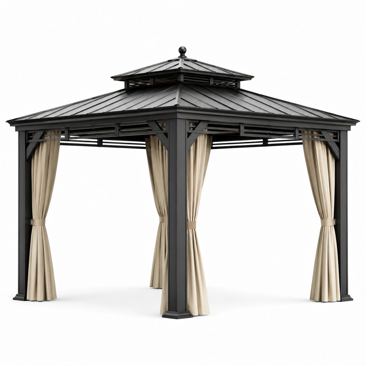 Gazebo da giardino 300 × 300 × 280 cm in metallo nero con tende beige e tetto rigido ventilato