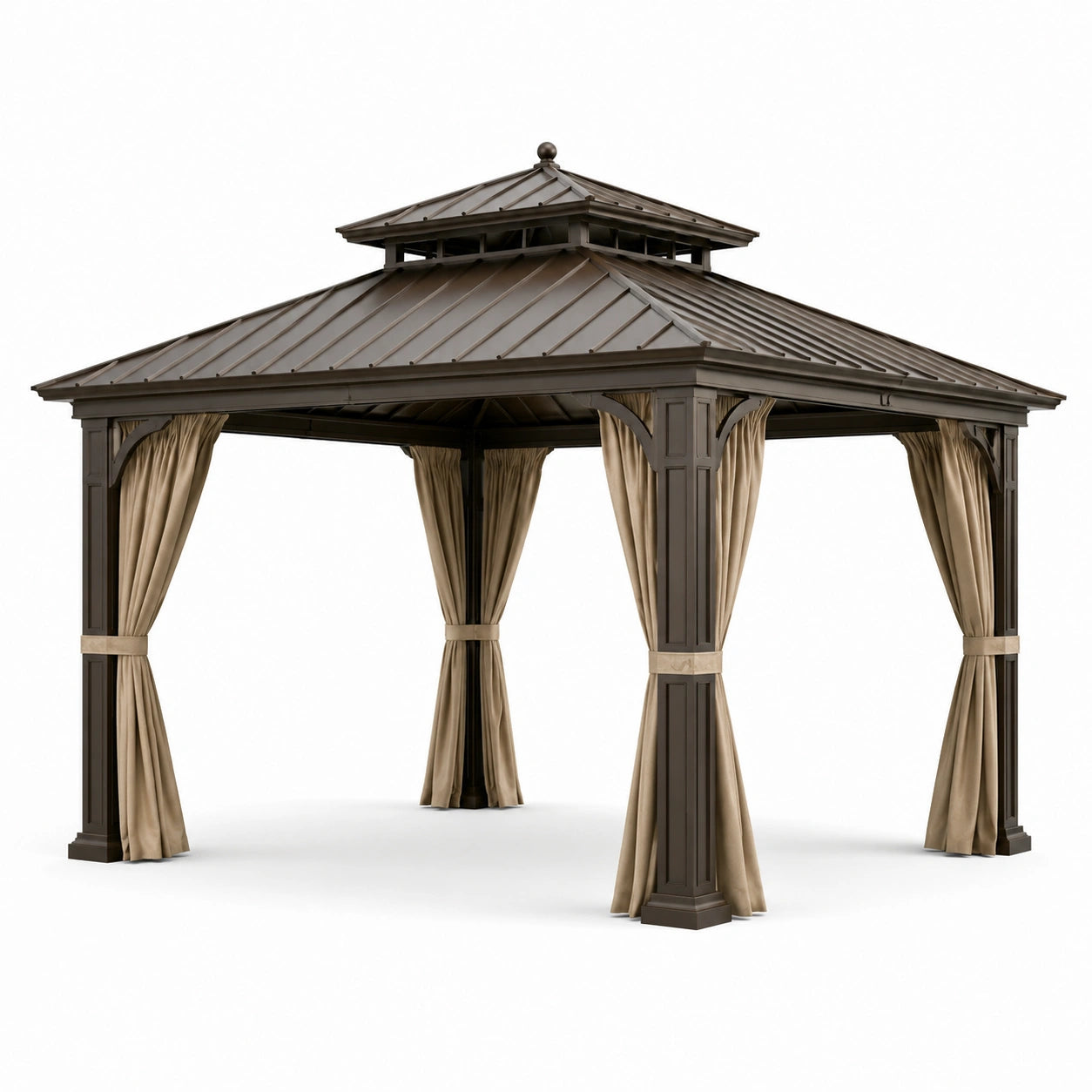 Gazebo da giardino marrone con tende beige e tetto ventilato, 300 × 400 × 310 cm