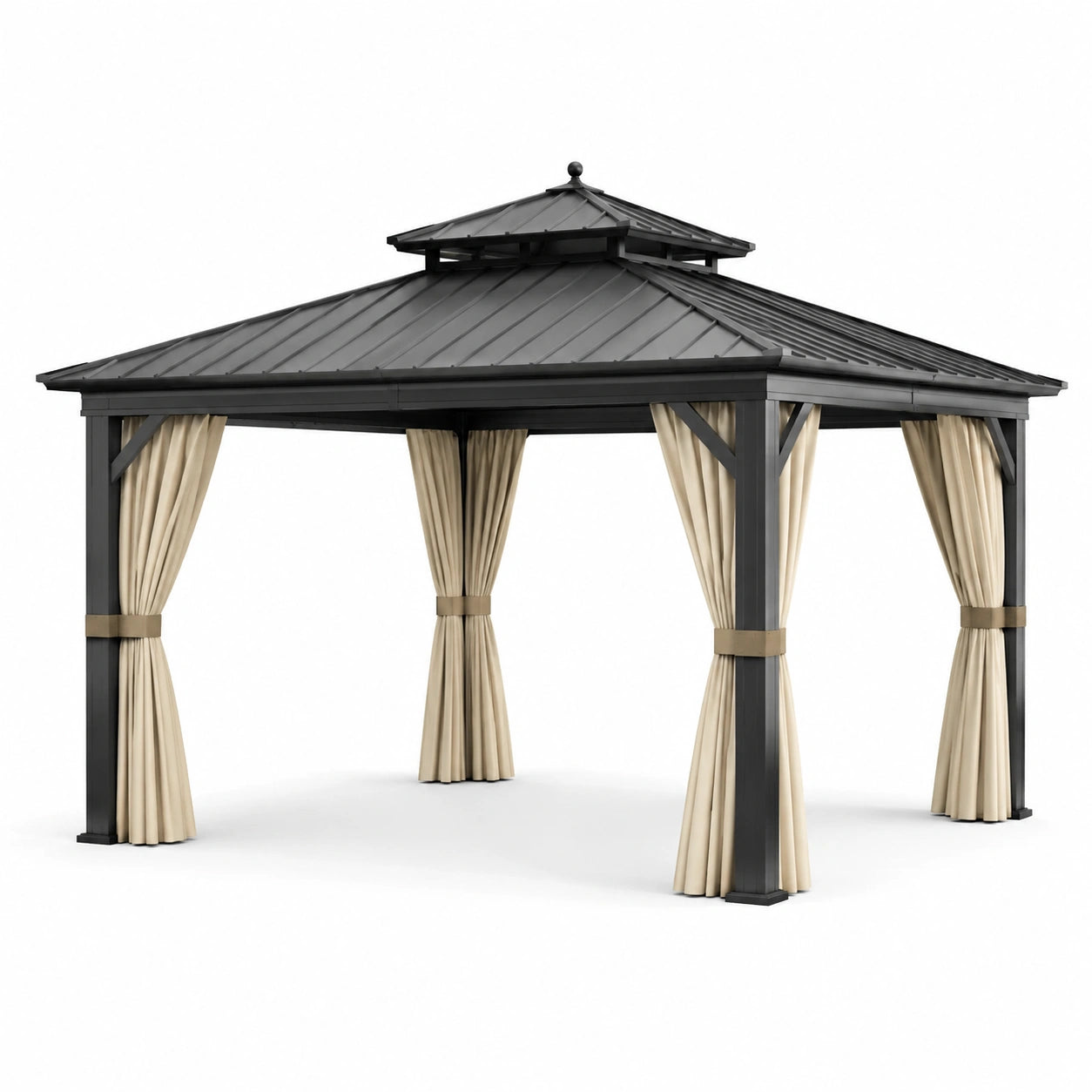 Gazebo da giardino 400 × 300 × 300 cm grigio antracite con tende beige e tetto rigido ventilato