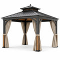 Gazebo da giardino in metallo antracite con tende beige e inserti marroni, 300 × 300 × 290 cm