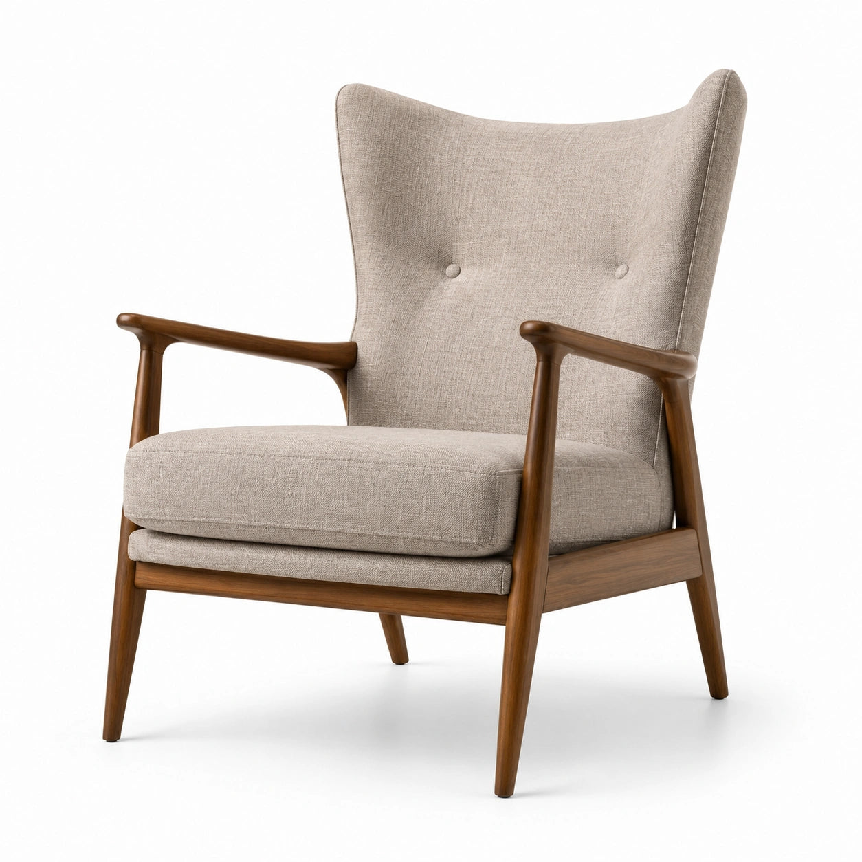 Poltrona beige con struttura in legno marrone noce, 75 × 82 × 96 cm, schienale alto