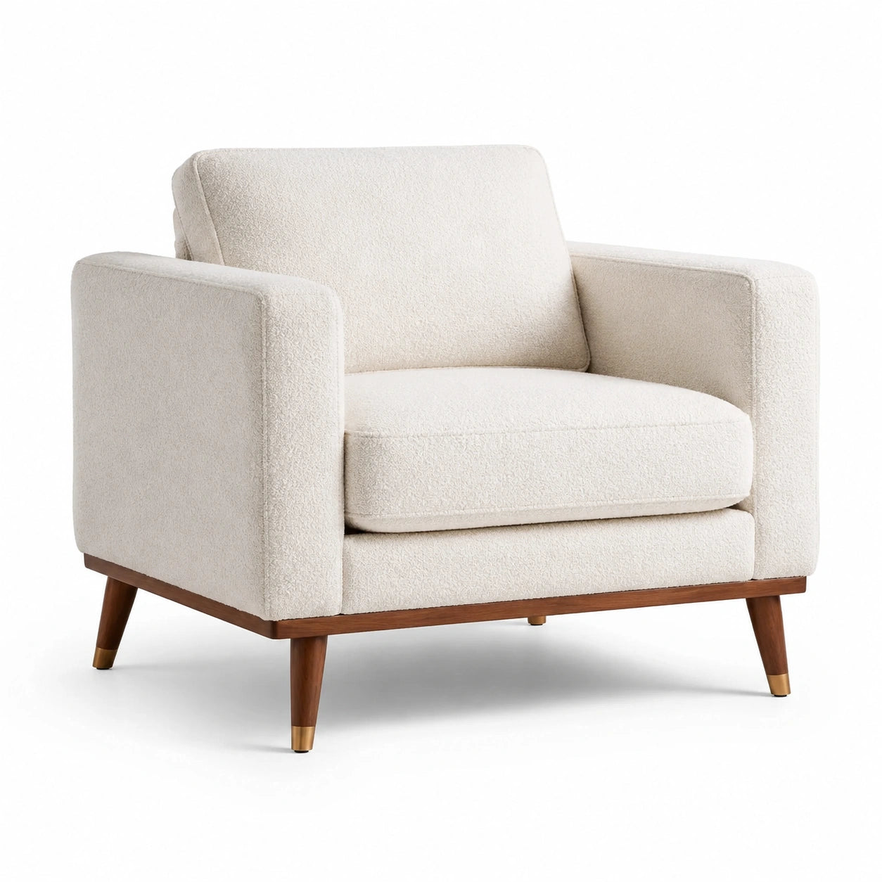 Poltrona moderna in tessuto effetto bouclé avorio con base in legno, 105 x 88 x 84 cm