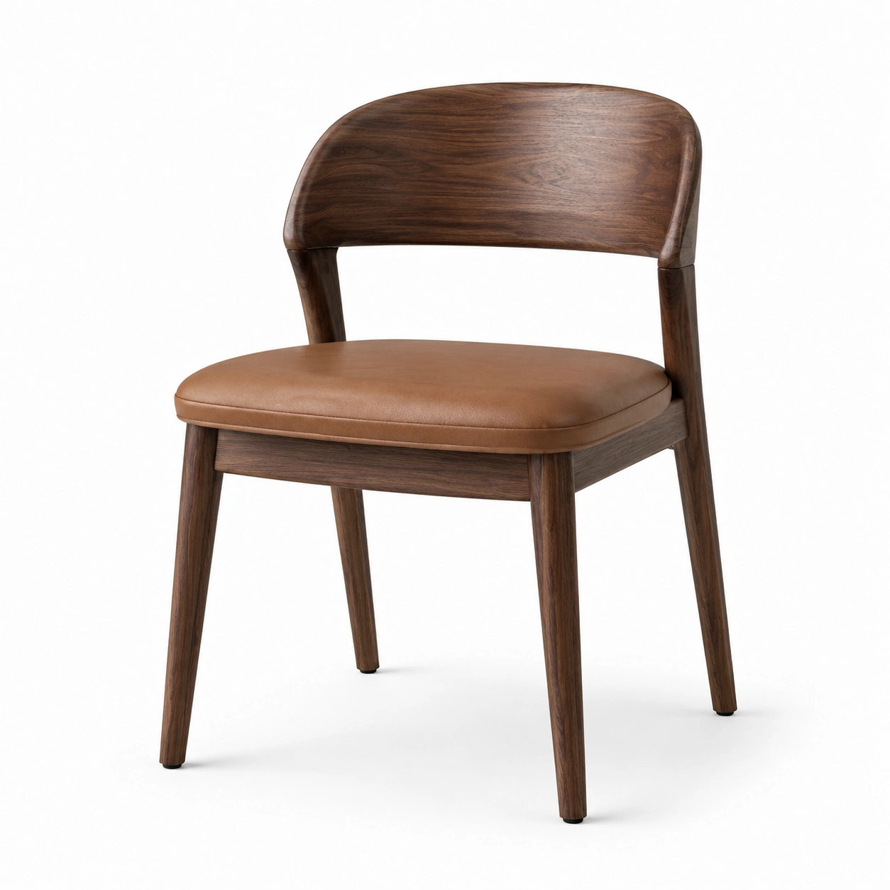 Sedia da pranzo moderna in legno marrone scuro con seduta imbottita color cuoio, 56 × 58 × 78 cm