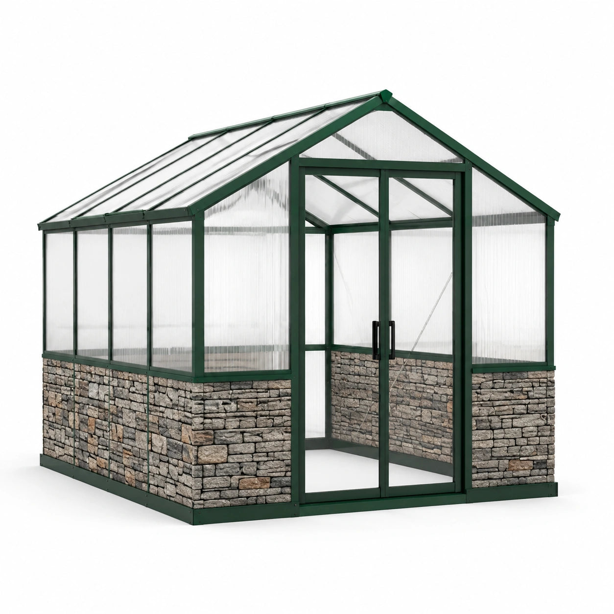 Serra da giardino 190 × 250 × 210 cm in alluminio verde e policarbonato trasparente con pannelli grigi effetto pietra e doppia porta