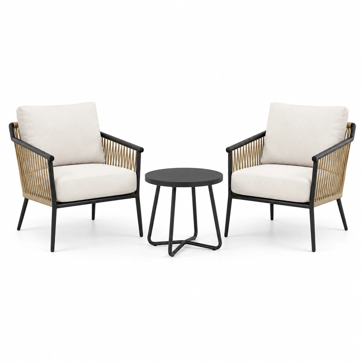 Set da giardino a 3 pezzi con 2 poltrone 74 × 74 × 79 cm e tavolino Ø 50 × 45 cm, beige, nero e marrone naturale