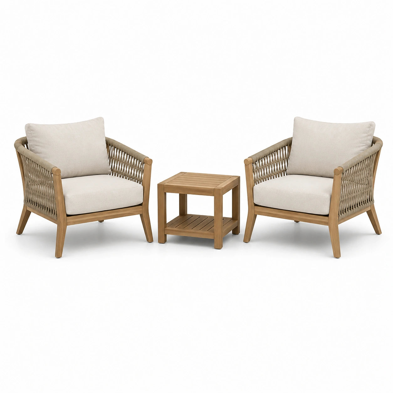 Set da giardino 3 pezzi in legno naturale e corda tortora con cuscini beige, 2 poltrone 75 × 78 × 80 cm e tavolino 50 × 50 × 50 cm