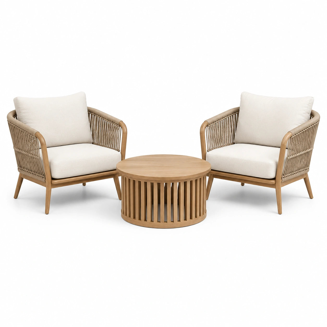 Set da giardino a 3 pezzi con 2 poltrone 80 × 78 × 77 cm e tavolino rotondo Ø 75 × 39 cm, beige, crema e marrone chiaro