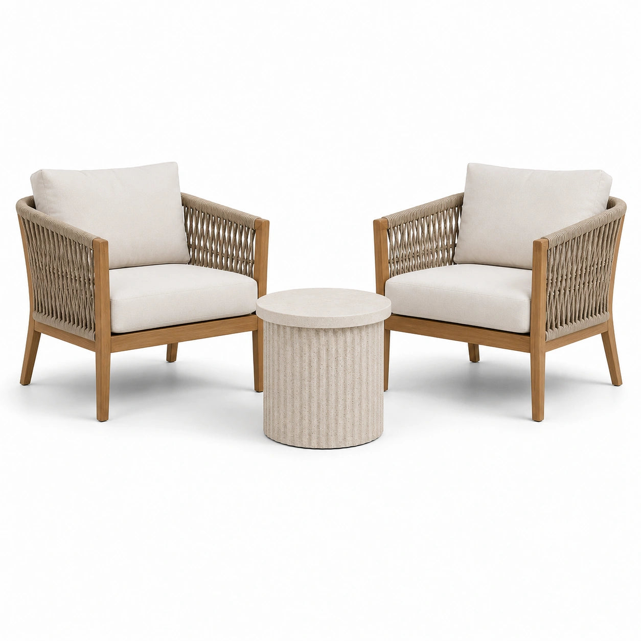 Set da giardino 3 pezzi beige, bianco crema e marrone naturale, 2 poltrone 76 × 78 × 82 cm e tavolino Ø 50 × 50 cm