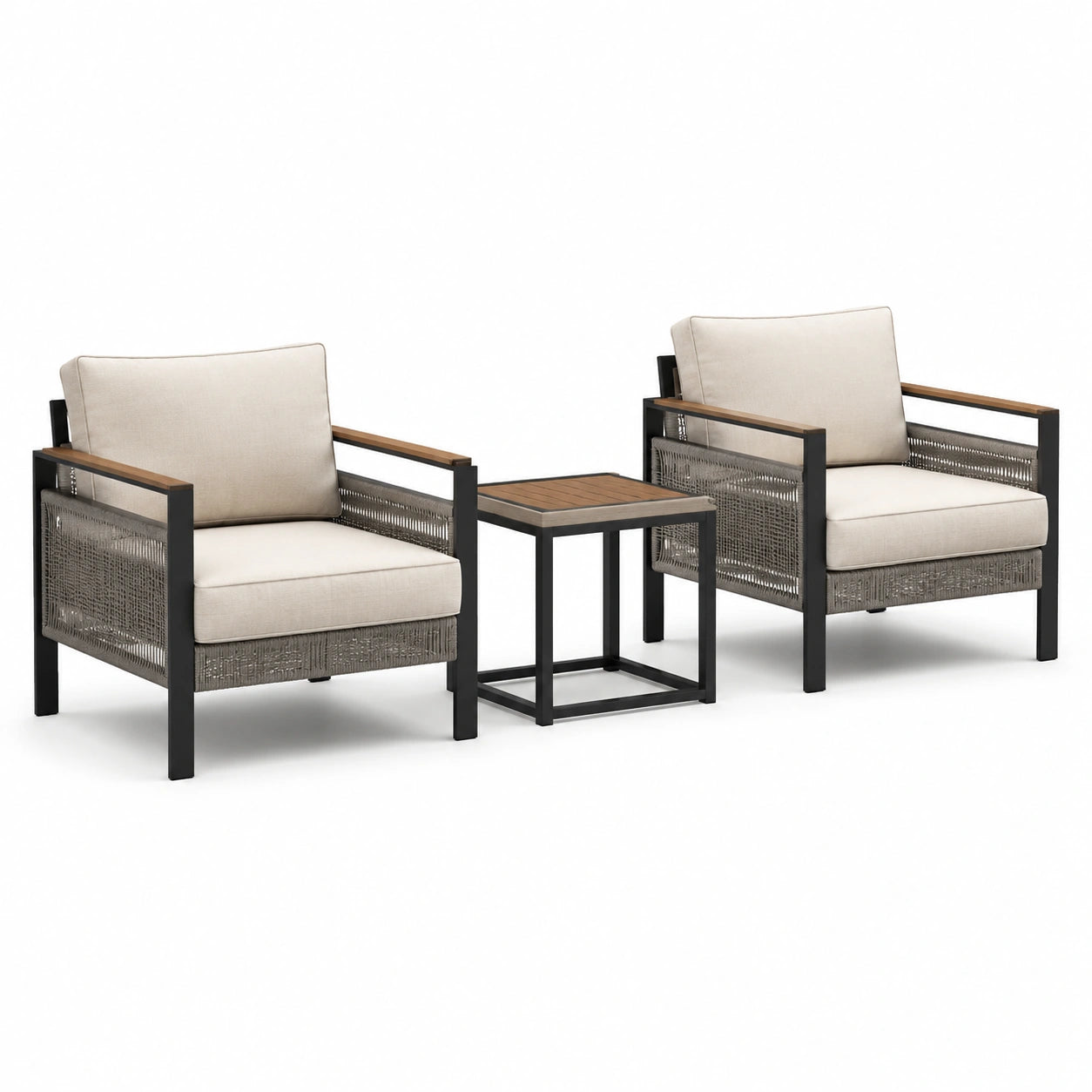 Completo da esterno moderno a 3 pezzi con 2 poltrone 72 × 76 × 82 cm e tavolino 50 × 50 × 50 cm, beige, nero, marrone e grigio